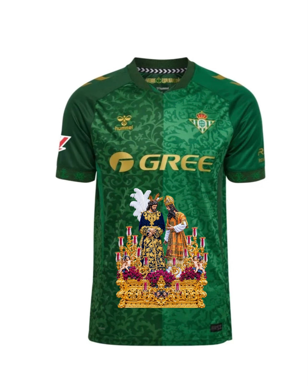 Camiseta cofrade de San Gonzalo con detalles dorados sobre verde